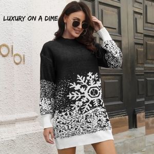 Contrasting Color Snowflake Classic Knit Long Sleeve Mini Sweater Dress Black